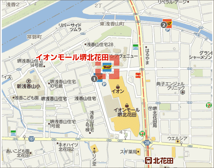 タイムズイオンモール堺北花田の場所を記した地図