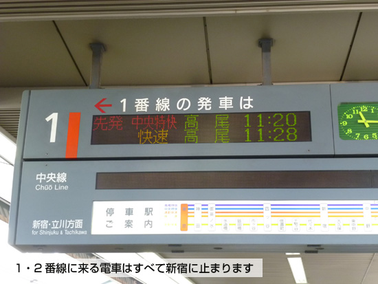 1・2番線に来る電車はすべて新宿に止まる