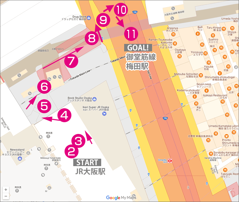 JR大阪駅から御堂筋線・梅田駅への行き方マップ