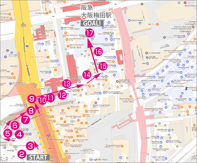 JR大阪駅から阪急・大阪梅田駅への行き方マップ