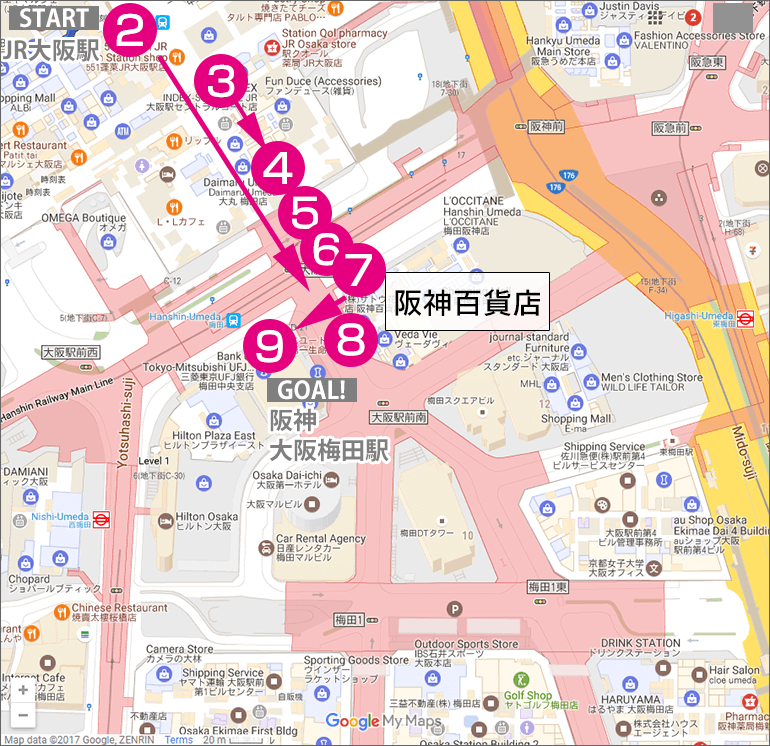 JR大阪駅から阪神・大阪梅田駅への行き方マップ