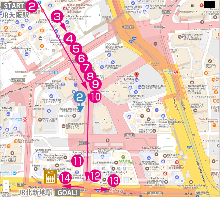JR大阪駅からJR北新地駅への行き方マップ