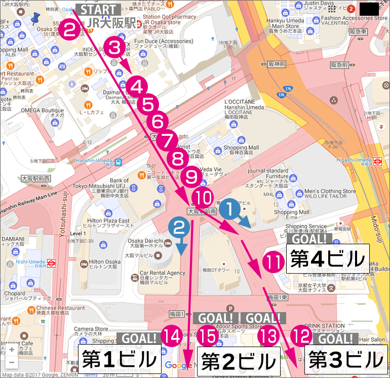 JR大阪駅から大阪駅前ビルへの行き方マップ