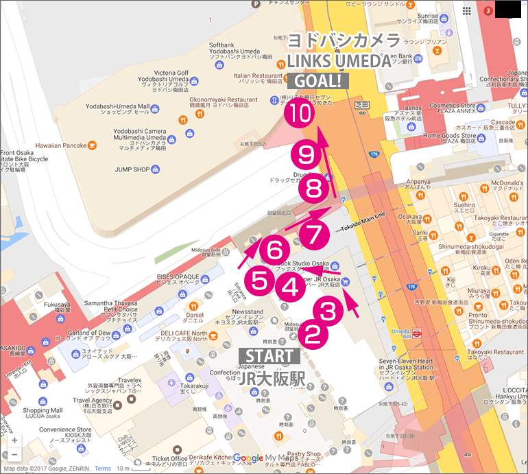 JR大阪駅からヨドバシカメラ・LINKS UMEDAへの行き方マップ
