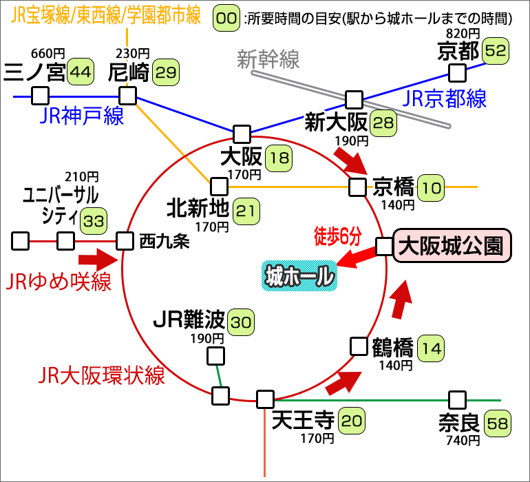 「JR大阪環状線・大阪城公園駅」を利用した場合の大阪城ホールへの行き方マップ
