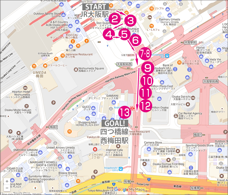 JR大阪駅から四つ橋線・西梅田駅への行き方マップ
