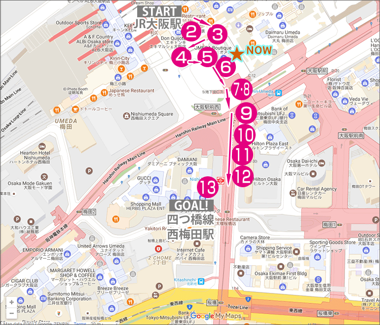 JR大阪駅から四つ橋線・西梅田駅への行き方マップ(現在地6番)