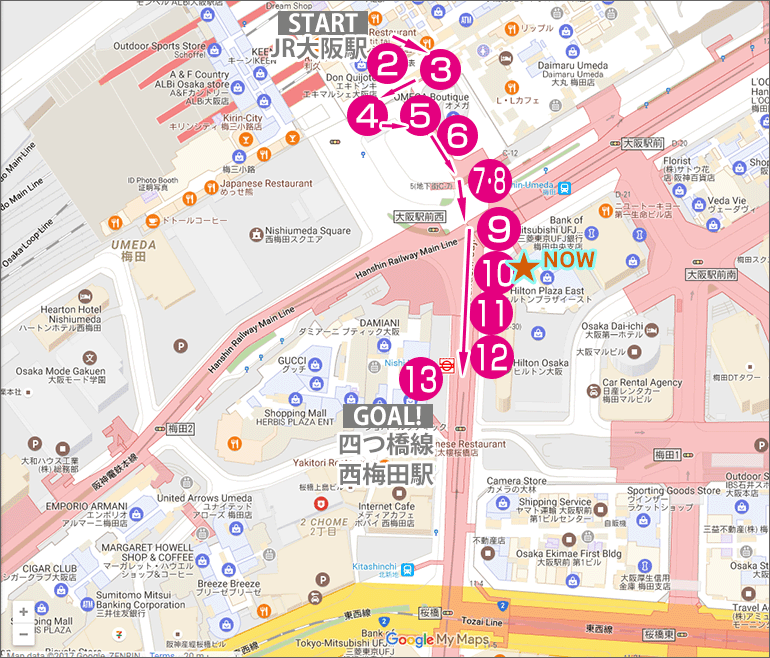 JR大阪駅から四つ橋線・西梅田駅への行き方マップ(現在地10番)