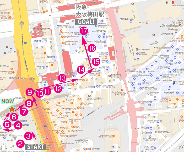 JR大阪駅から阪急・大阪梅田駅への行き方マップ(現在地6番)