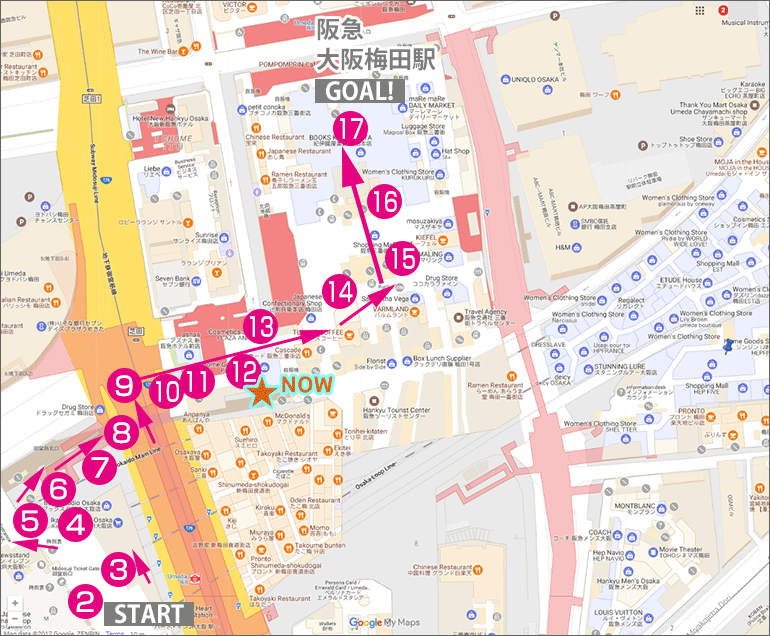 JR大阪駅から阪急・大阪梅田駅への行き方マップ(現在地12番)