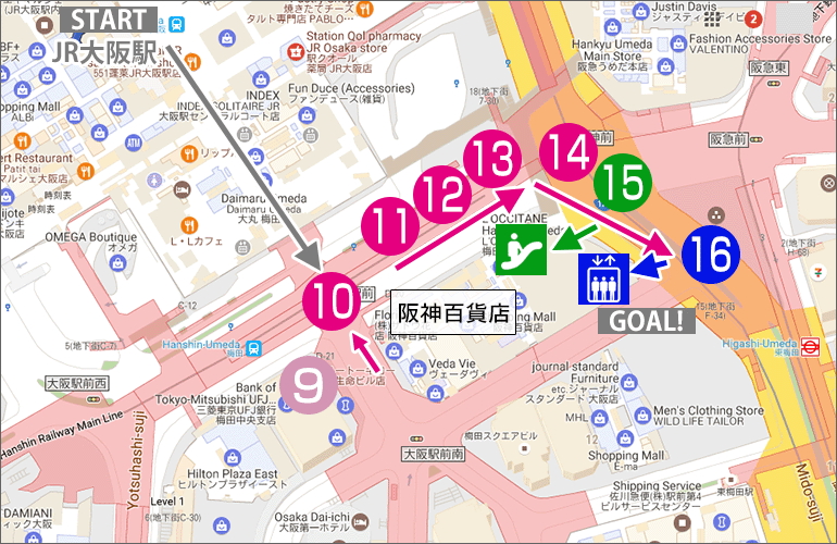 JR大阪駅から阪神・大阪梅田駅(エレベーター)への行き方マップ