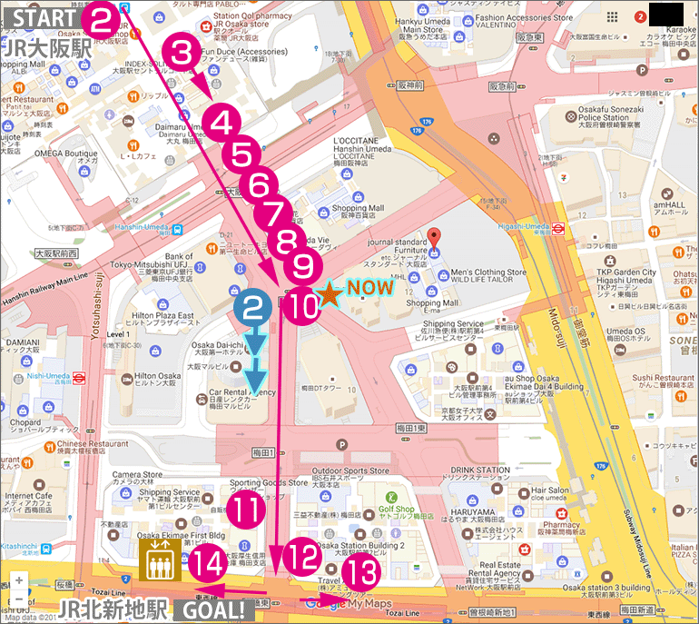 JR大阪駅からJR北新地駅への行き方マップ(現在地10番)