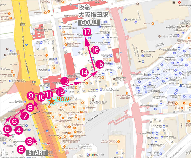 JR大阪駅から阪急・大阪梅田駅への行き方マップ(現在地11番)