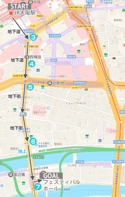JR大阪駅からフェスティバル行き方マップ