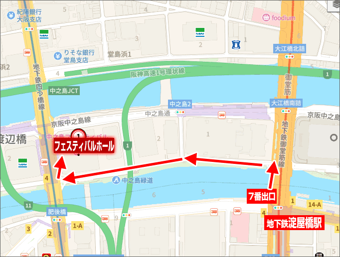 淀屋橋駅からフェスティバルホールへの行き方マップ